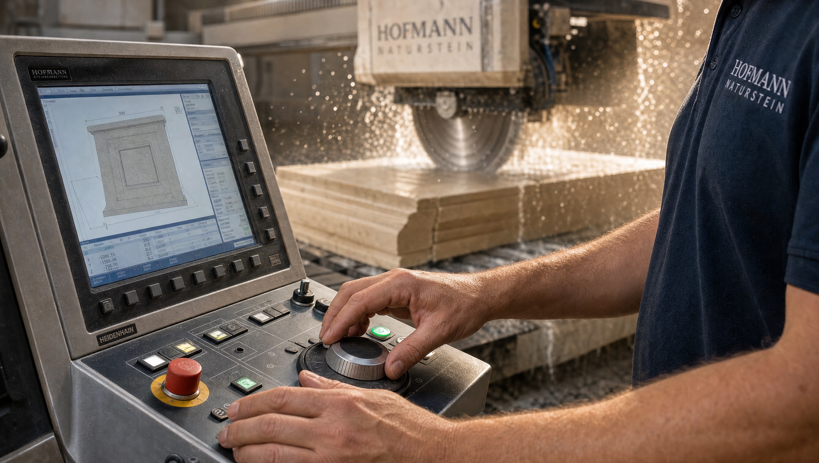 CNC-Steuerpult mit Diamantsäge im Naturstein